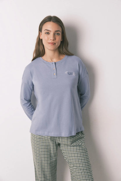 Women Secret_Light Blue_Long Pyjamas with Plaid Trouser_3592478_17_02