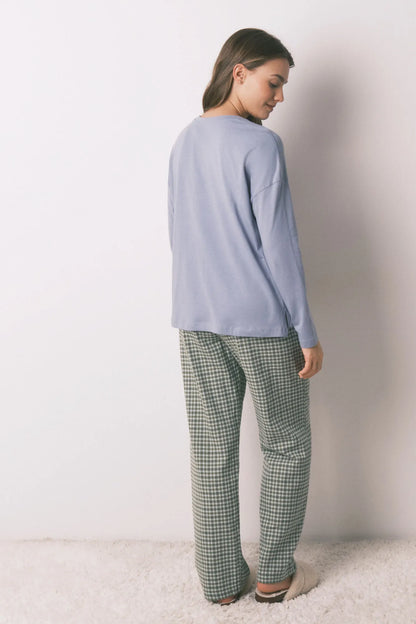 Women Secret_Light Blue_Long Pyjamas with Plaid Trouser_3592478_17_05