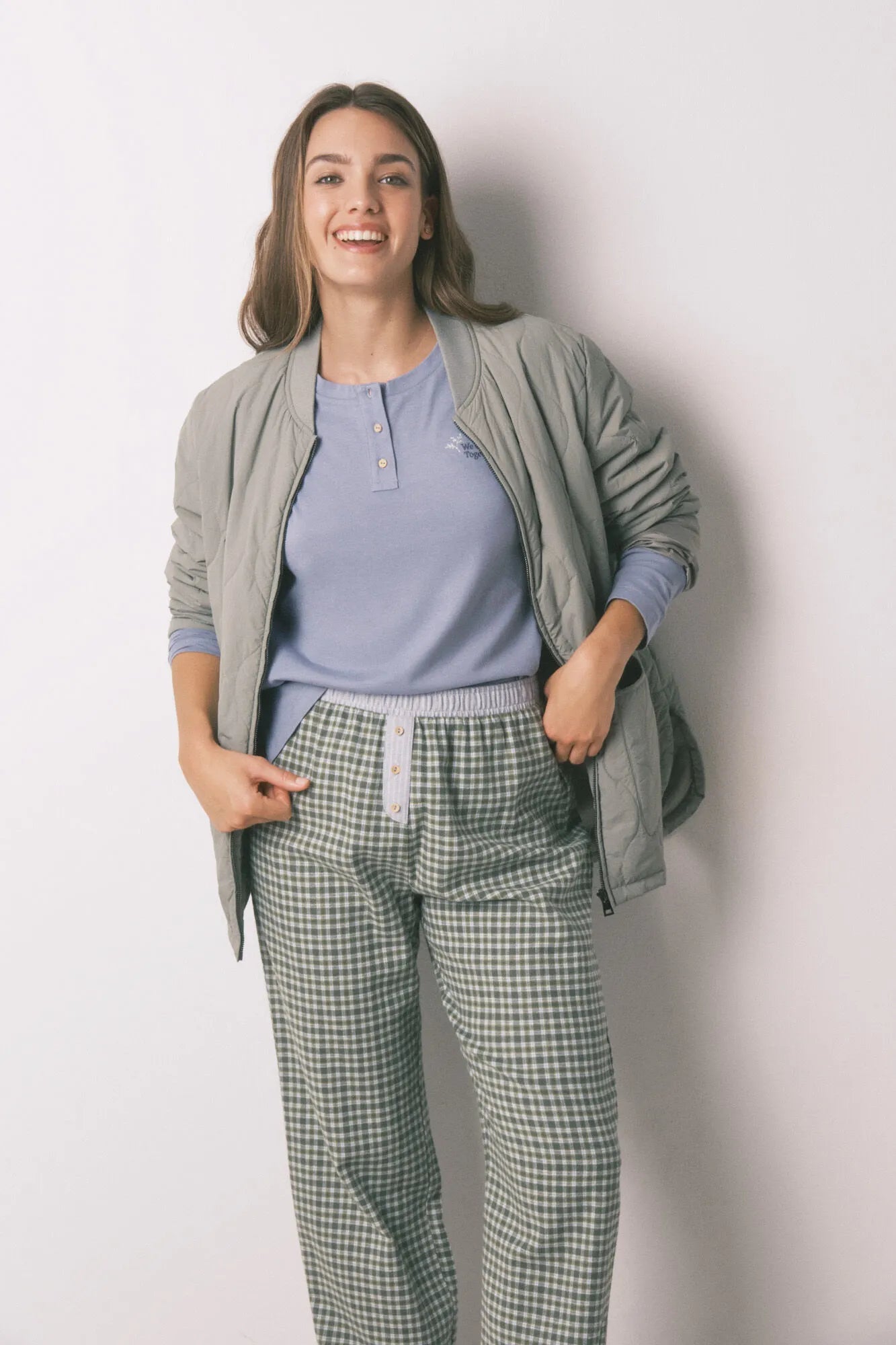 Women Secret_Light Blue_Long Pyjamas with Plaid Trouser_3592478_17_06