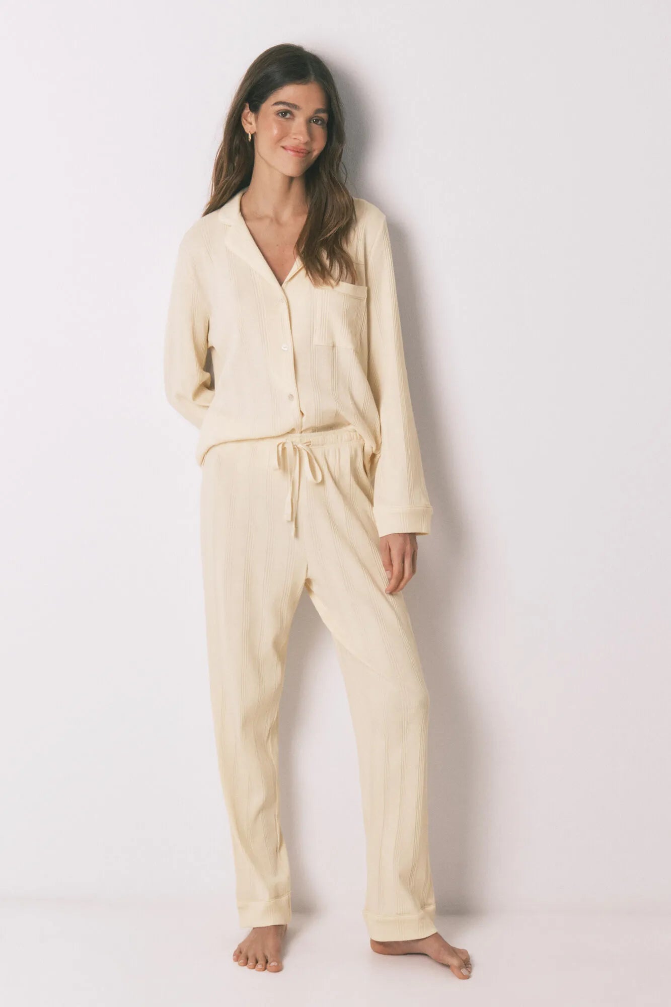 Women Secret_Ivory_Yellow Ribbed Cotton Classic Long Pyjamas_3593003_96_06