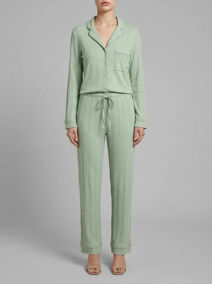 Women Secret_Green_Green Ribbed Cotton Long Classic Pyjamas_3593004_28_00