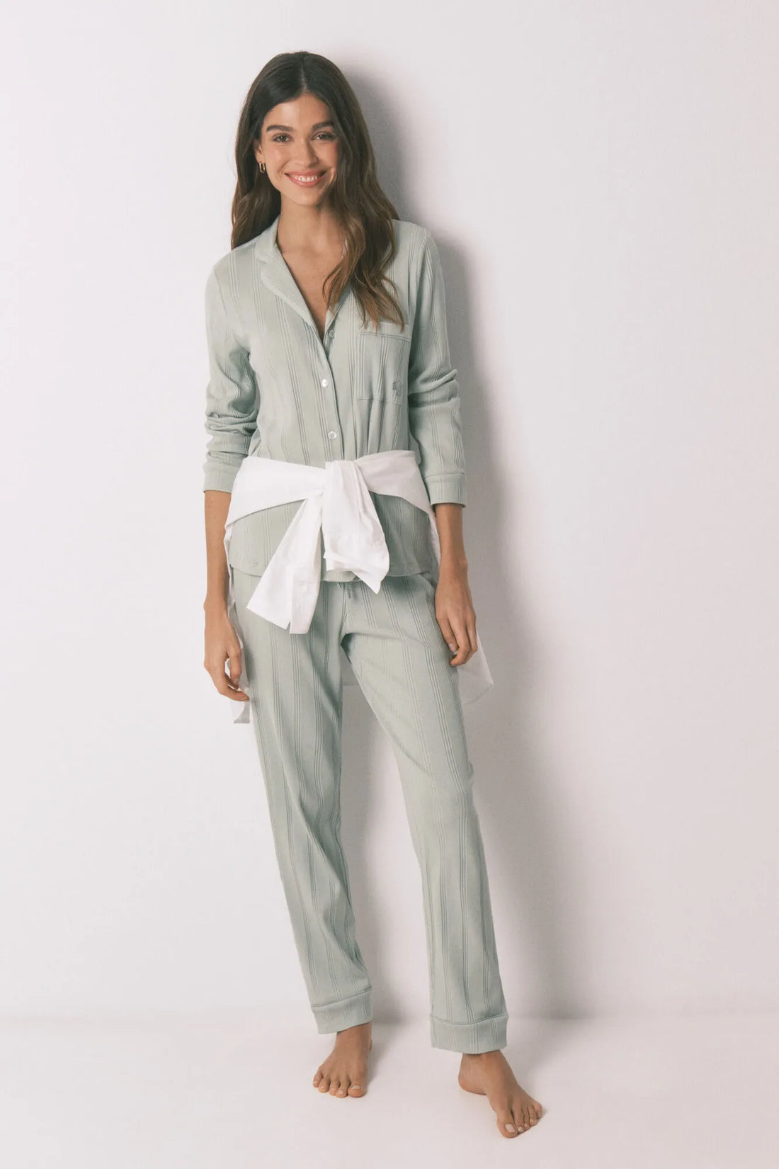 Women Secret_Green_Green Ribbed Cotton Long Classic Pyjamas_3593004_28_01