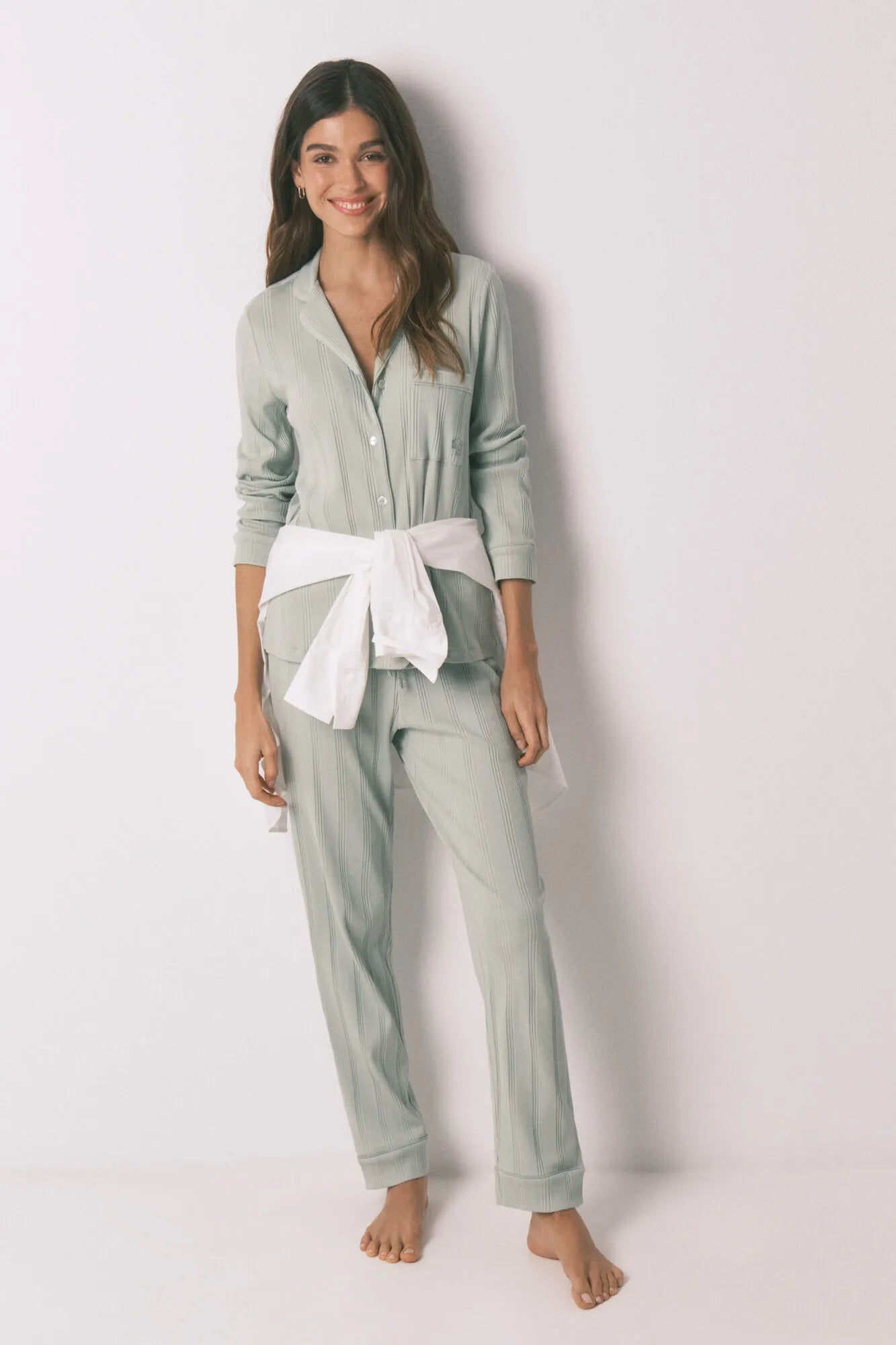 Women Secret_Green_Green Ribbed Cotton Long Classic Pyjamas_3593004_28_01