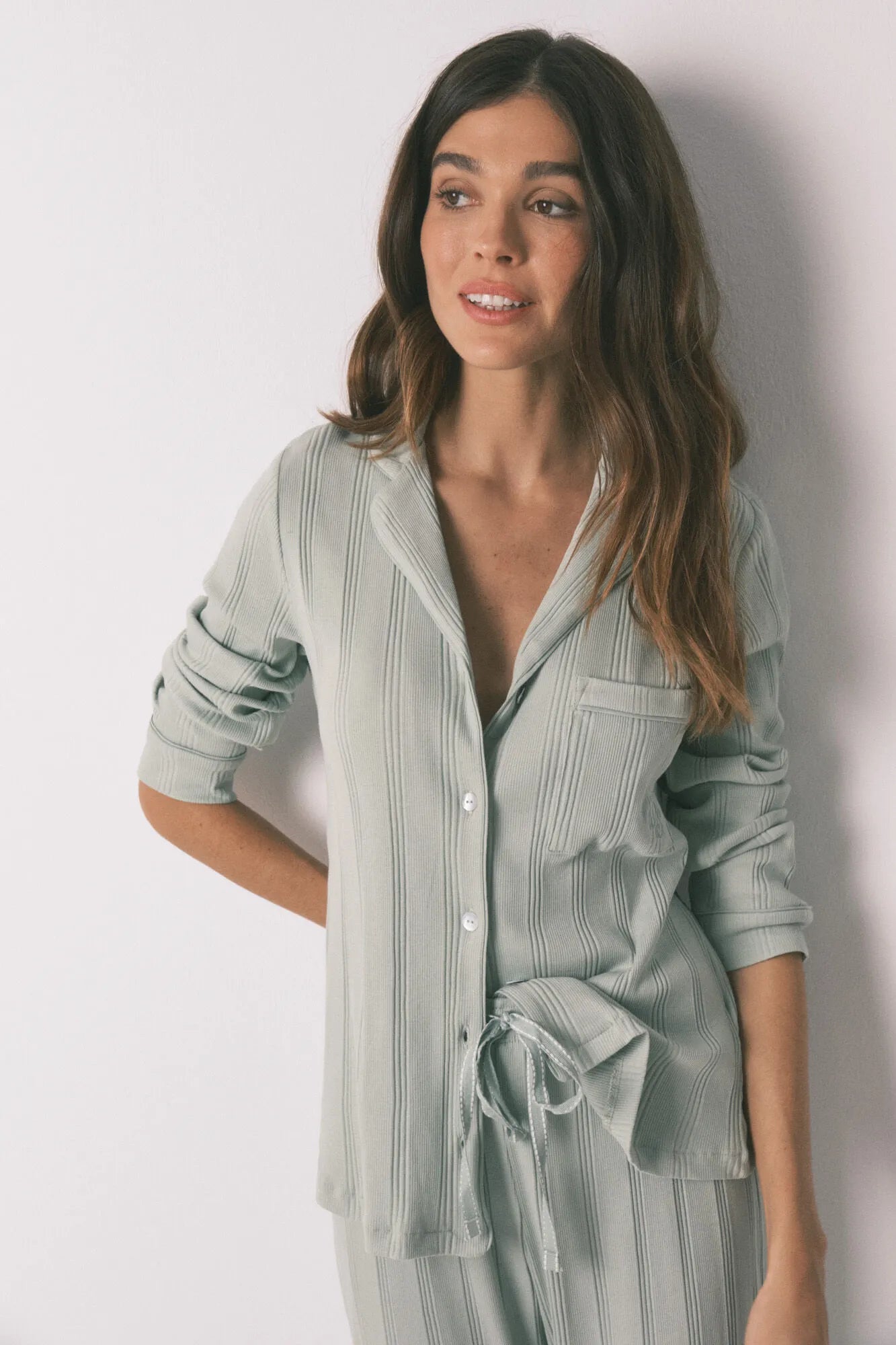 Women Secret_Green_Green Ribbed Cotton Long Classic Pyjamas_3593004_28_04