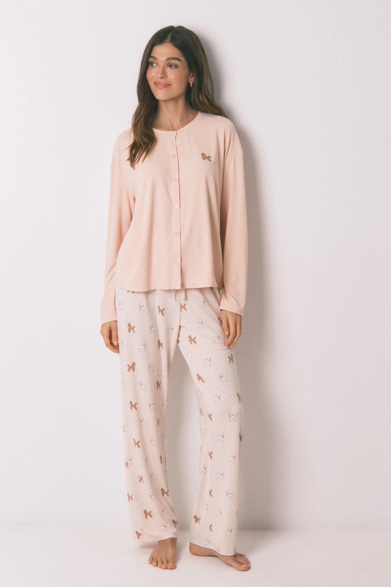 Women Secret_Orange_Pink Soft Knit Dog Print Long Pyjamas_3593006_66_01