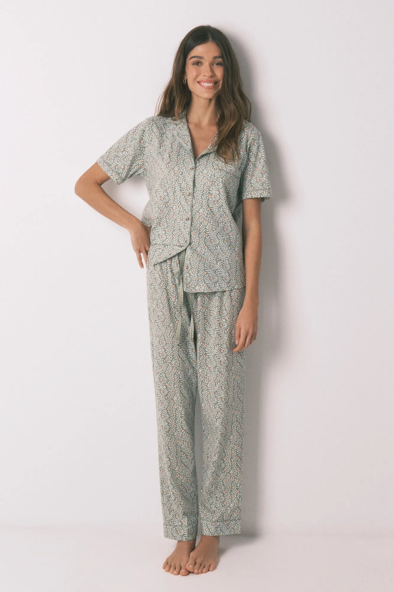 Women Secret_Green_100% Cotton Floral Print Classic Pyjamas_3593010_22_02