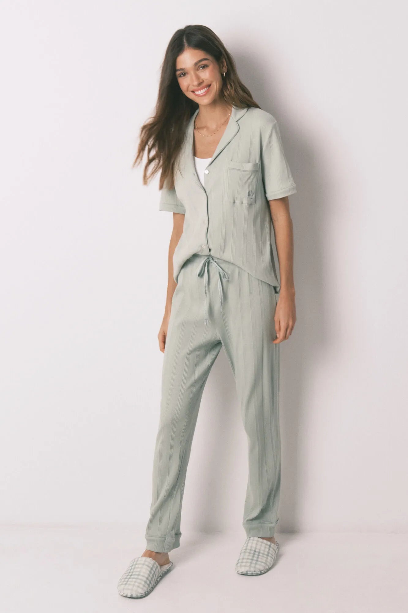 Women Secret_Green_Green Cotton Ribbed Classic Pyjamas_3593012_28_02