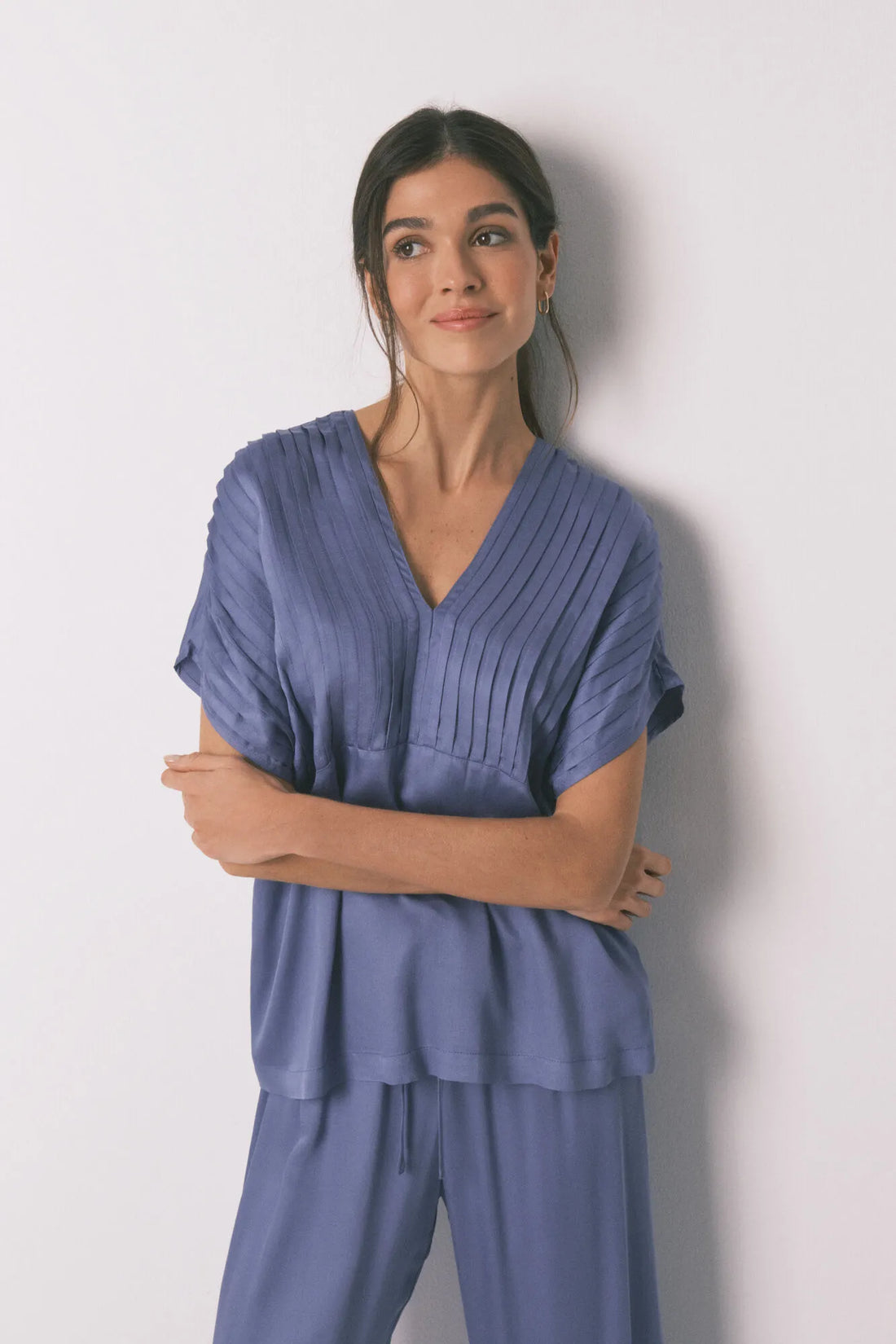 Women Secret_Light Blue_Blue Long Pyjamas with Pleated Neckline_3593016_18_01