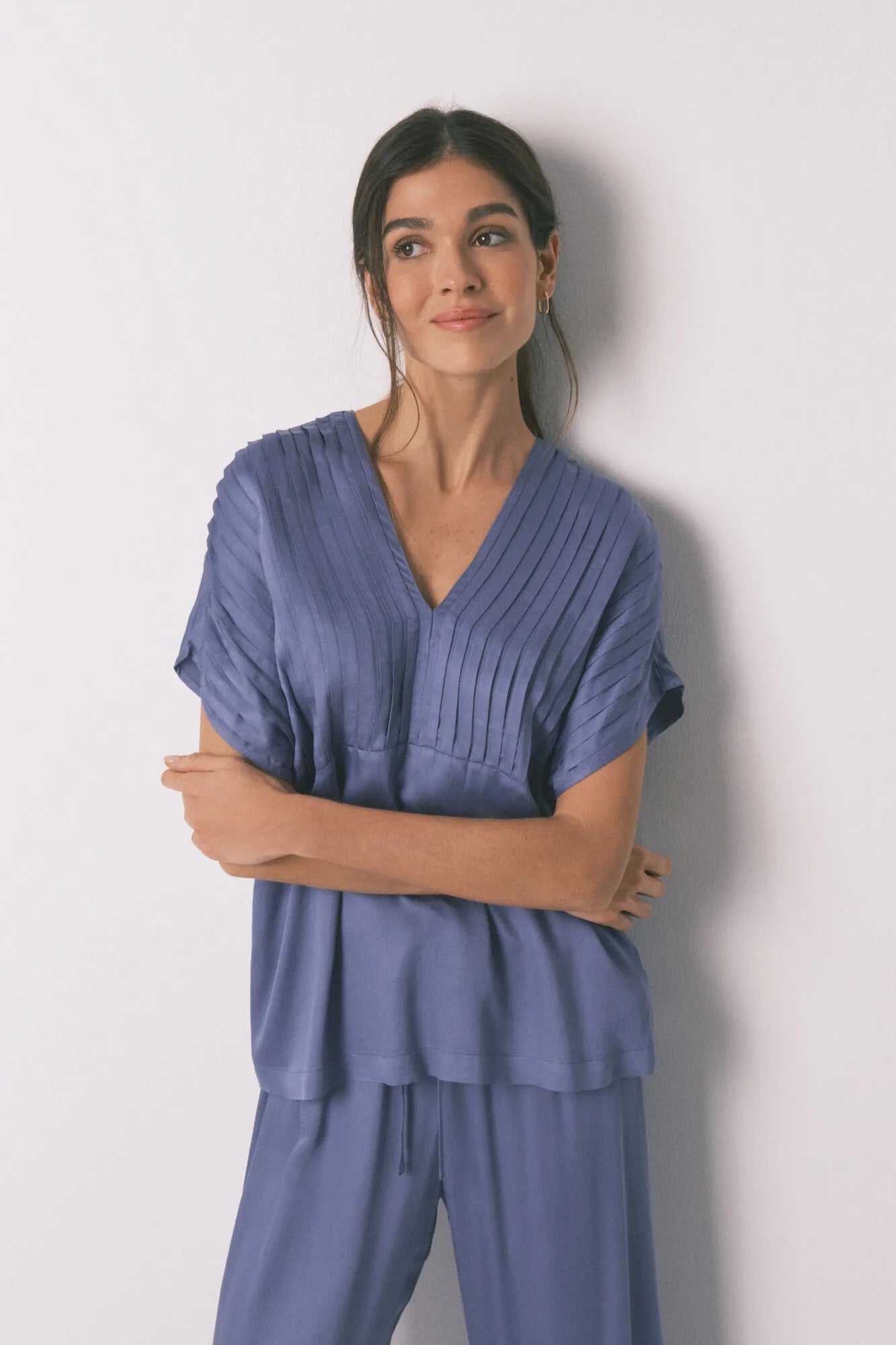 Women Secret_Light Blue_Blue Long Pyjamas with Pleated Neckline_3593016_18_01