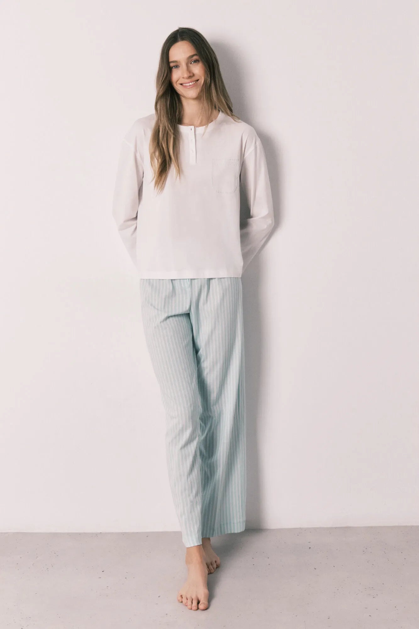 Women Secret Ivory Women Green Striped Cotton Long Pyjamas SKU: 3593019_96 Image 01