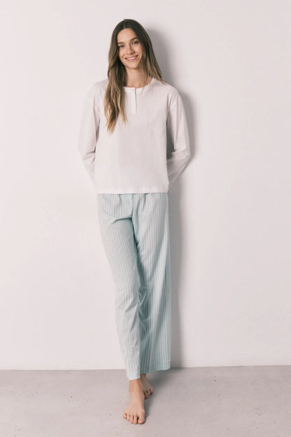 Women Secret Ivory Women Green Striped Cotton Long Pyjamas SKU: 3593019_96 Image 01