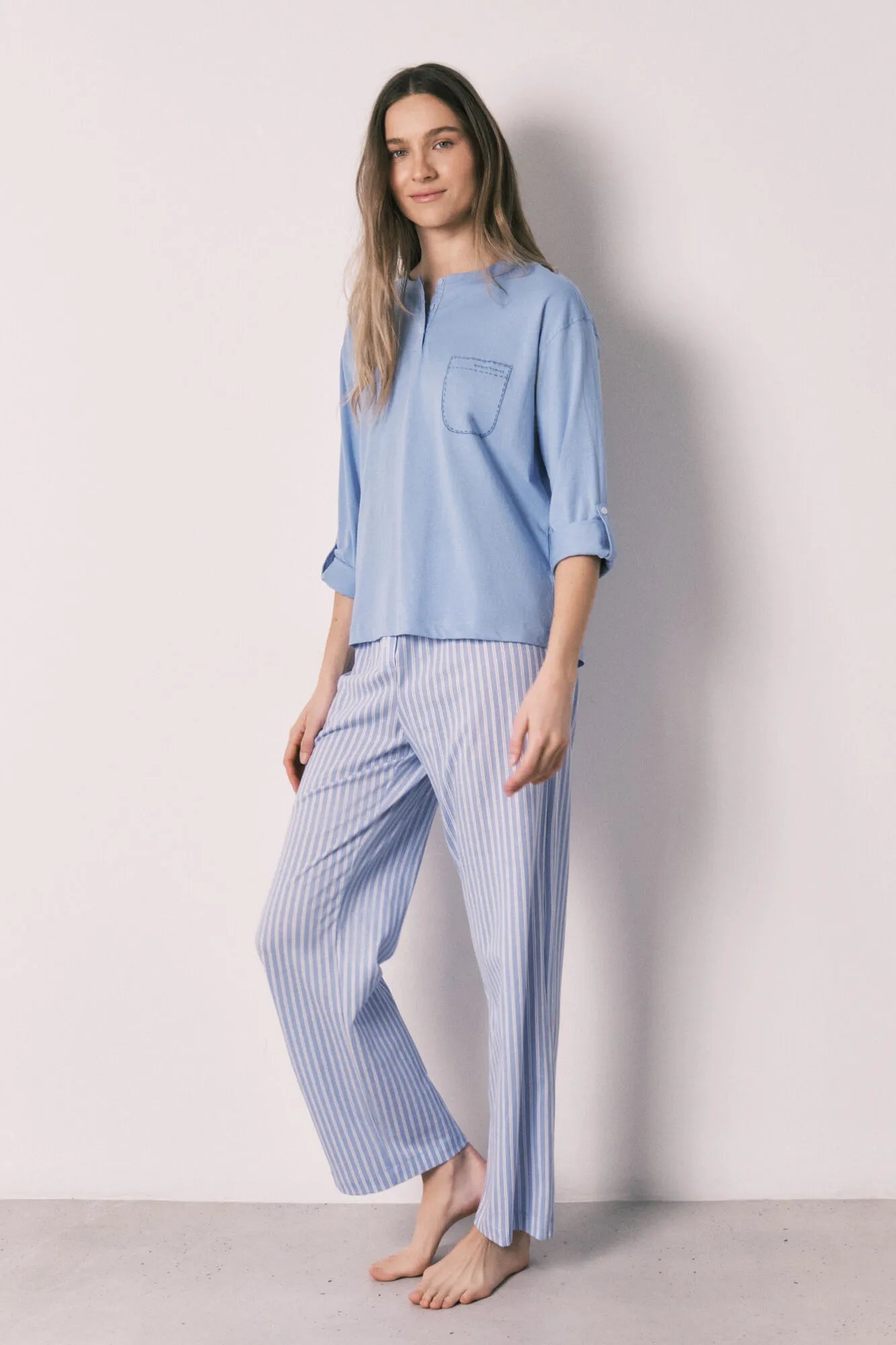Women Secret Medium Blue Women Blue Cotton Striped Long Pyjamas SKU: 3593020_12 Image 03