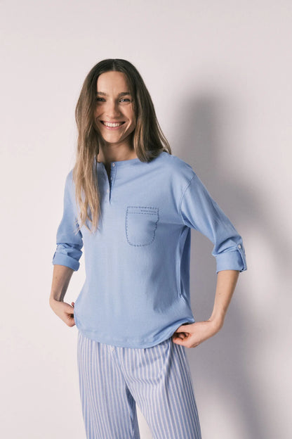 Women Secret Medium Blue Women Blue Cotton Striped Long Pyjamas SKU: 3593020_12 Image 04