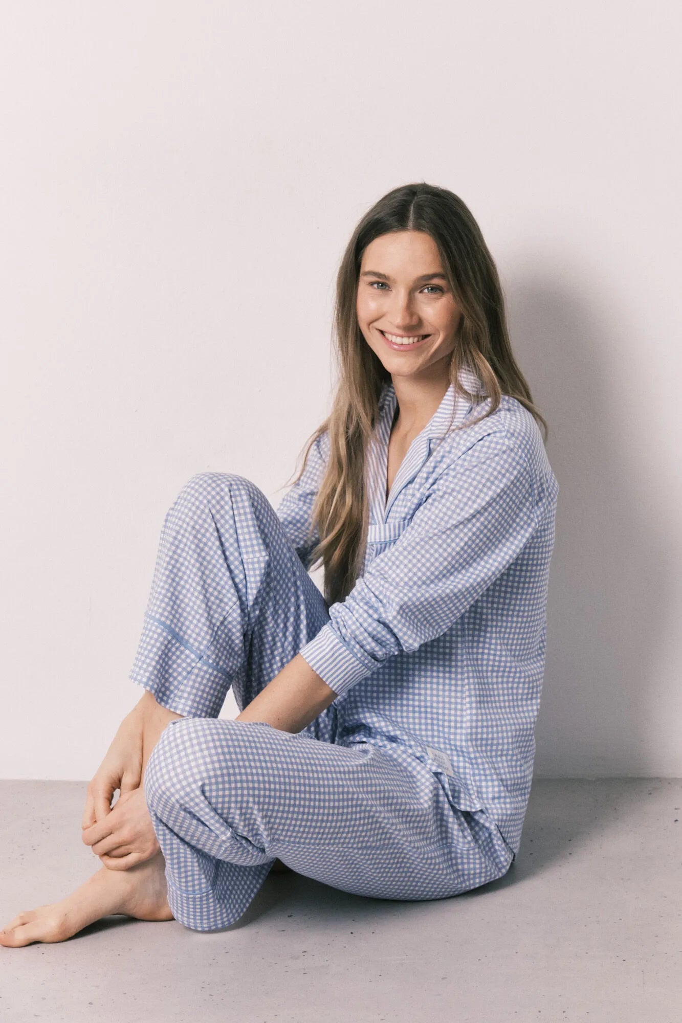 Women Secret Medium Blue Women Blue Cotton Classic Long Gingham Print Pyjamas SKU: 3593021_12 Image 01