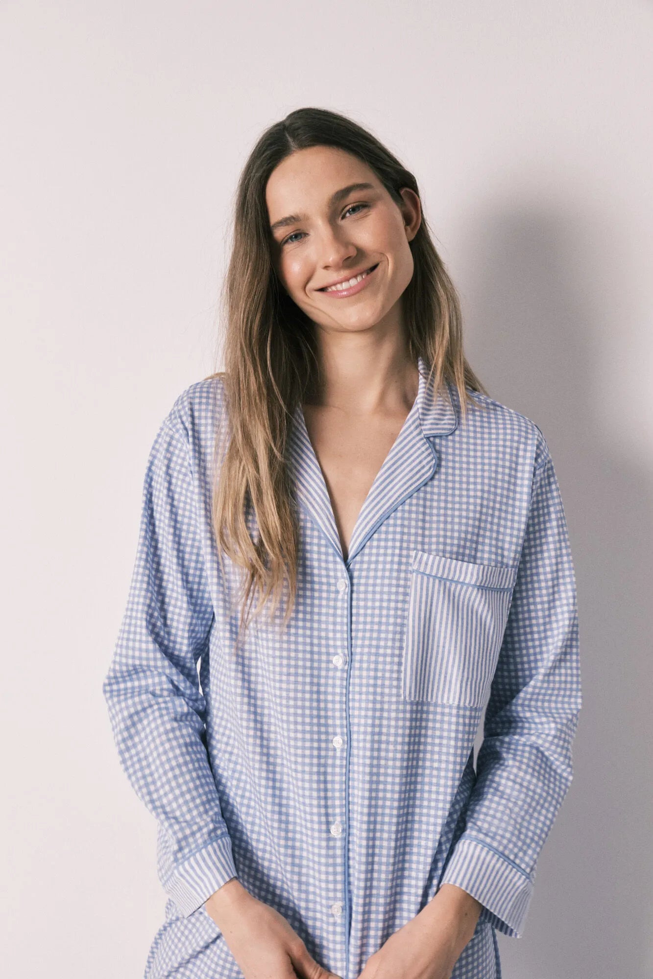 Women Secret Medium Blue Women Blue Cotton Classic Long Gingham Print Pyjamas SKU: 3593021_12 Image 02