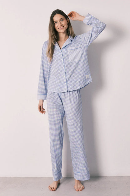 Women Secret Medium Blue Women Blue Cotton Classic Long Gingham Print Pyjamas SKU: 3593021_12 Image 03