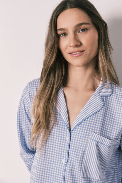Women Secret Medium Blue Women Blue Cotton Classic Long Gingham Print Pyjamas SKU: 3593021_12 Image 04