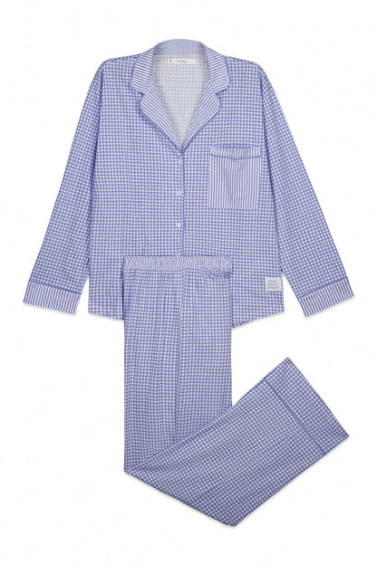 Women Secret Medium Blue Women Blue Cotton Classic Long Gingham Print Pyjamas SKU: 3593021_12 Image 07