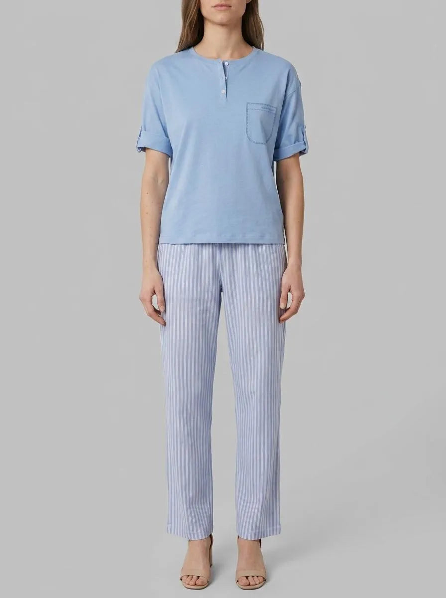 Women Secret Medium Blue Women Blue Cotton Short Sleeve Striped Pyjamas SKU: 3593030_12 Image 00
