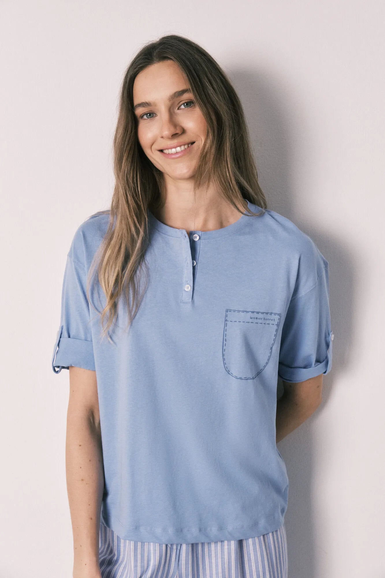 Women Secret Medium Blue Women Blue Cotton Short Sleeve Striped Pyjamas SKU: 3593030_12 Image 01