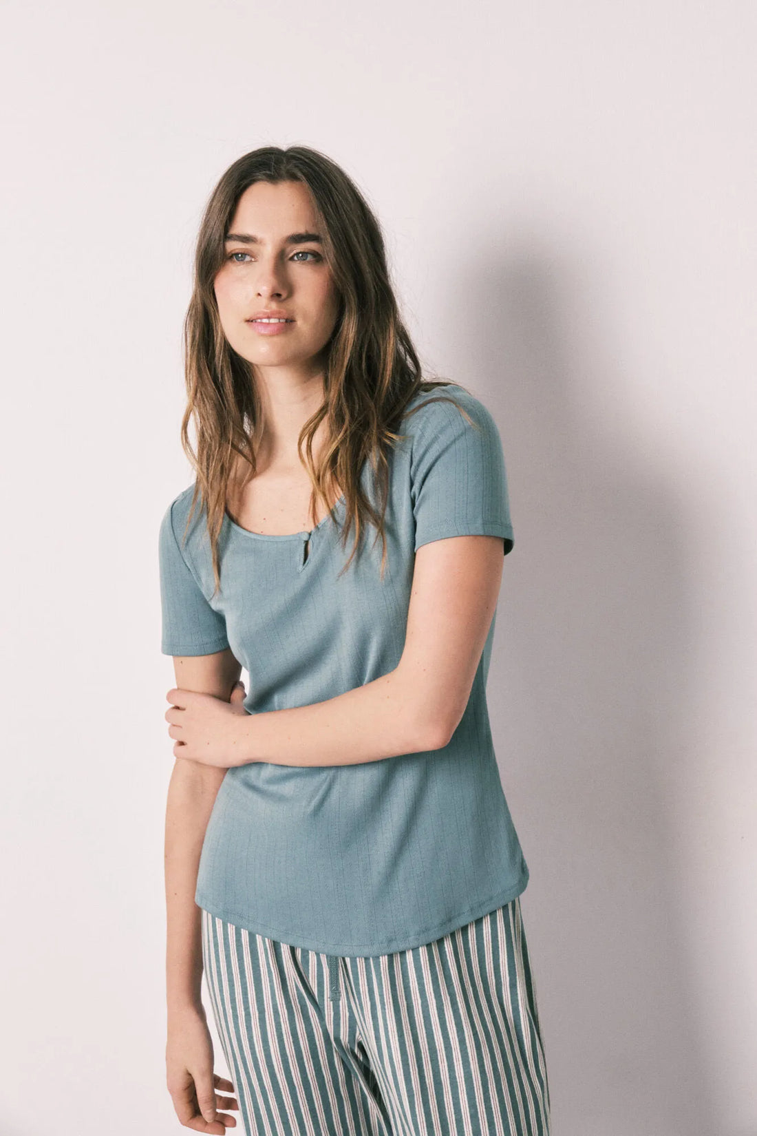 Women Secret Medium Blue Women Green Striped Pyjamas SKU: 3593035_15 Image 01