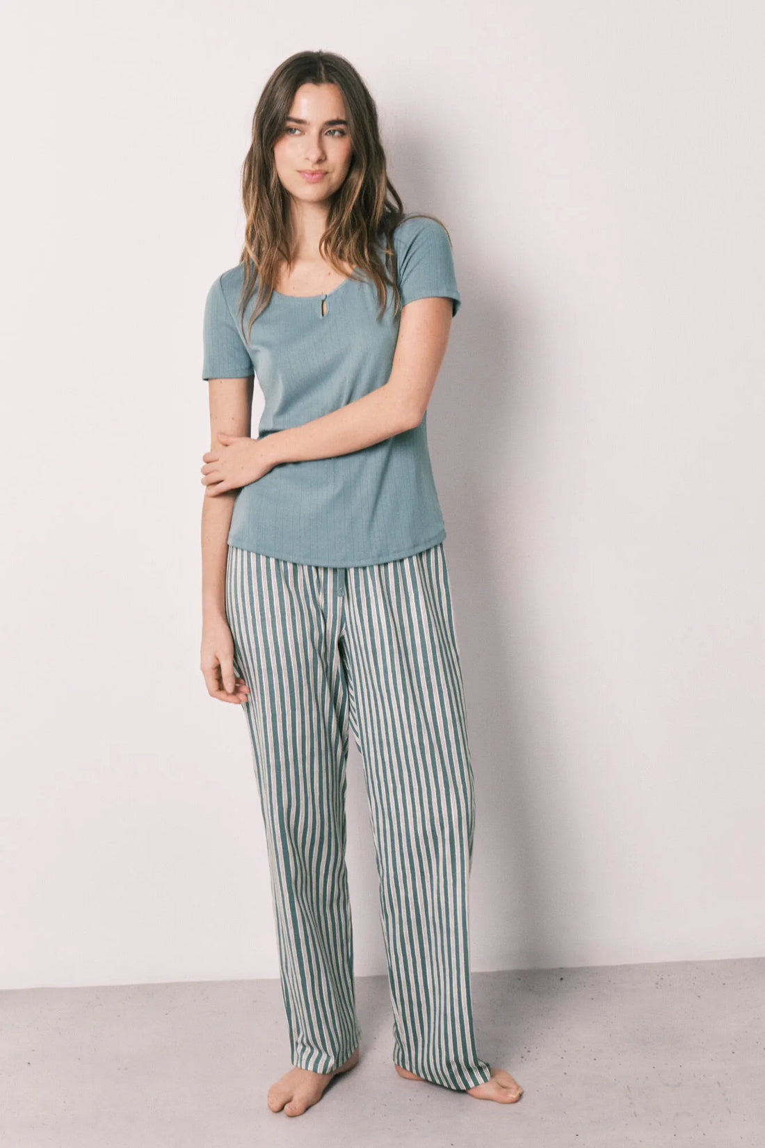Women Secret Medium Blue Women Green Striped Pyjamas SKU: 3593035_15 Image 02