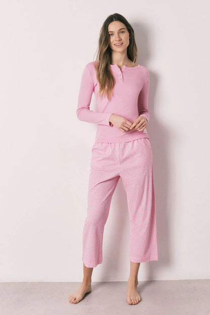 Women Secret Pink Women Pink Cotton Gingham Print Long Pyjamas SKU: 3593037_70 Image 01