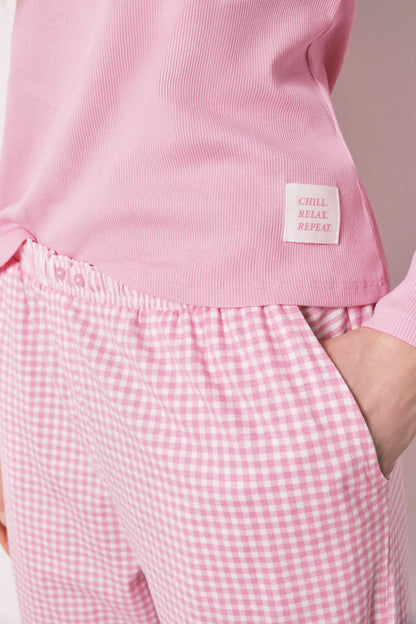 Women Secret Pink Women Pink Cotton Gingham Print Long Pyjamas SKU: 3593037_70 Image 04