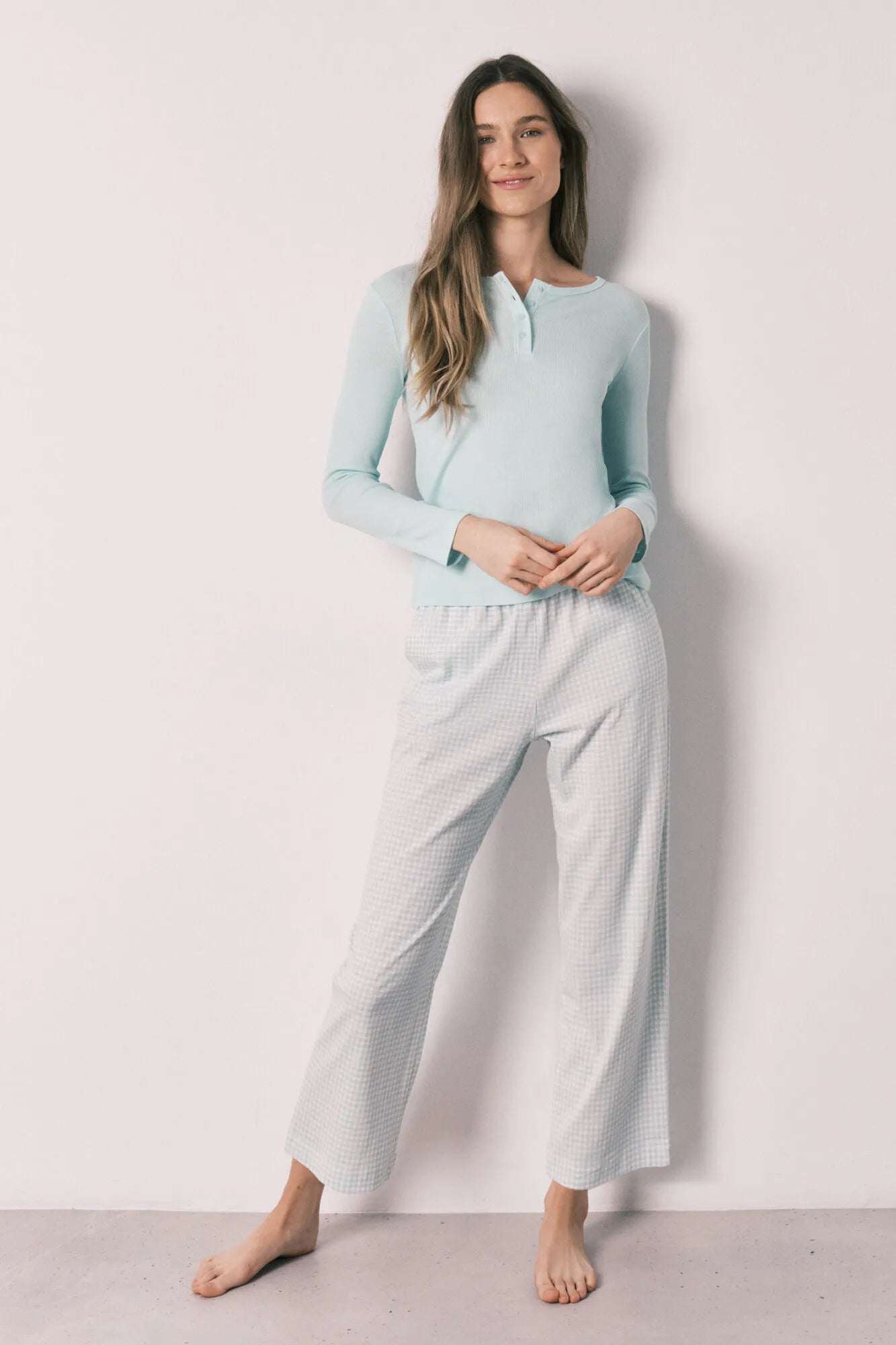 Women Secret Green Women Green Cotton Gingham Print Long Pyjamas SKU: 3593038_28 Image 02