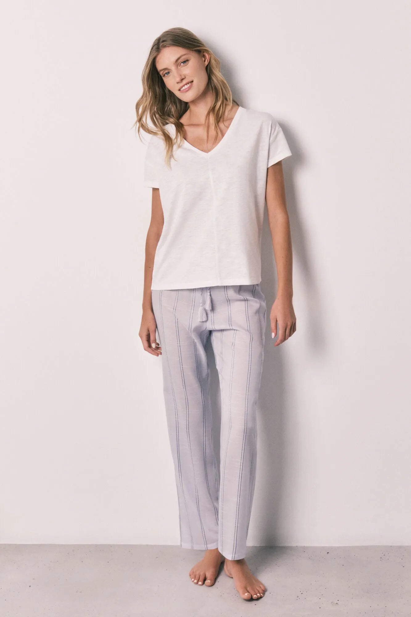 Women Secret Ivory Women Lilac Striped Cotton Short Sleeve Long Pyjamas SKU: 3593040_96 Image 02