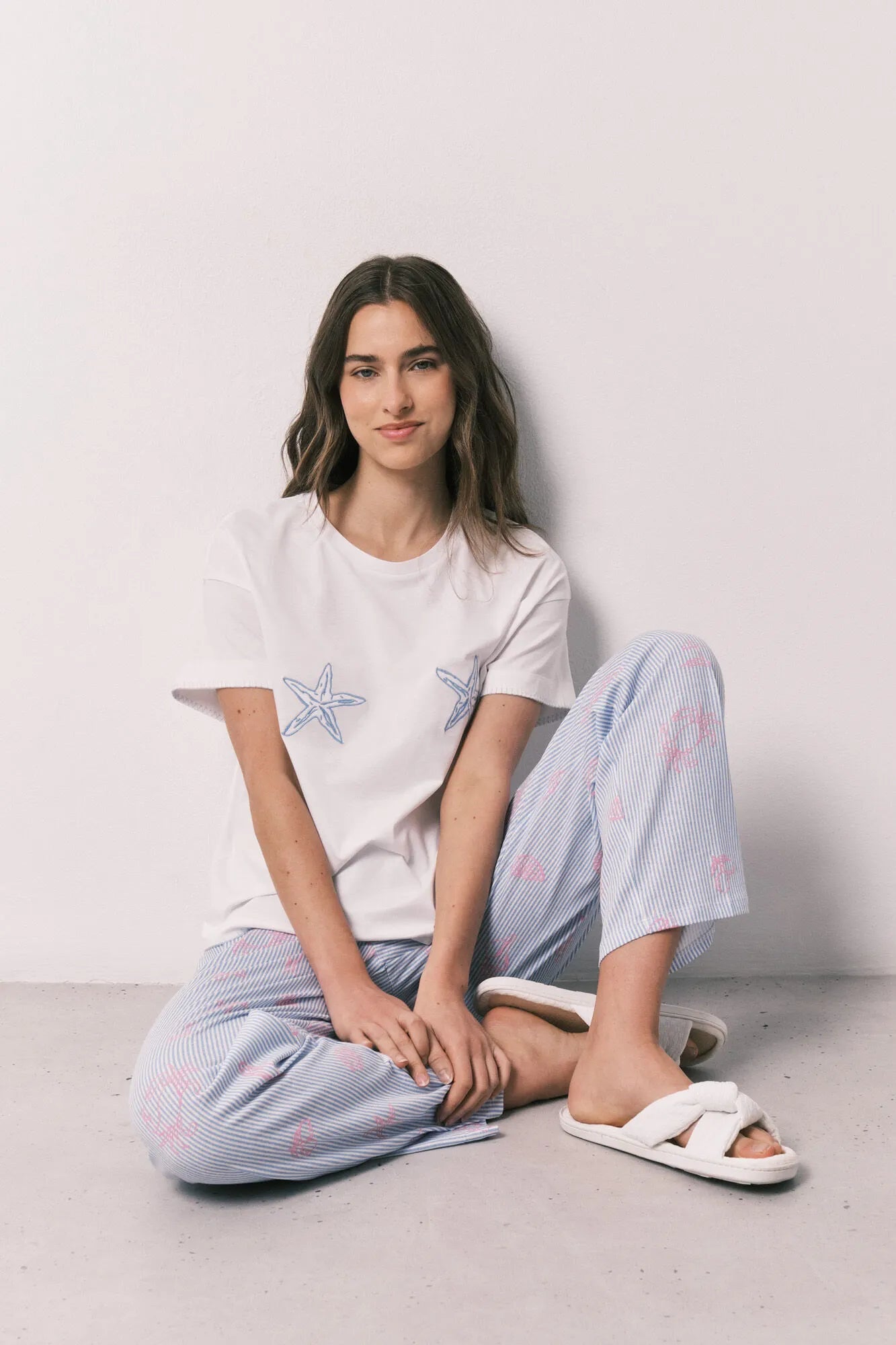 Women Secret Ivory Women Starfish Print Cotton Short Sleeve Long Pyjamas SKU: 3593068_96 Image 01