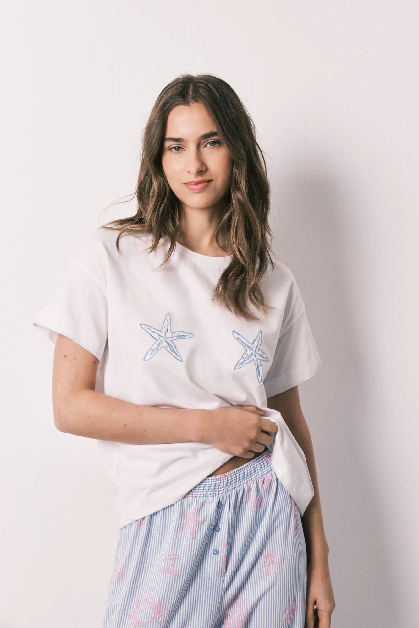 Women Secret Ivory Women Starfish Print Cotton Short Sleeve Long Pyjamas SKU: 3593068_96 Image 03