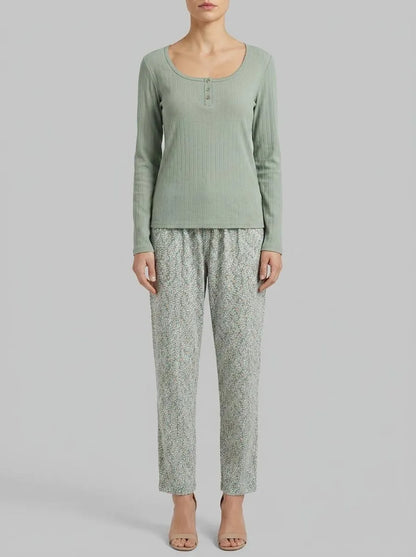 Women Secret_Green_Green Cotton Floral Print Long Pyjamas_3593959_22_00
