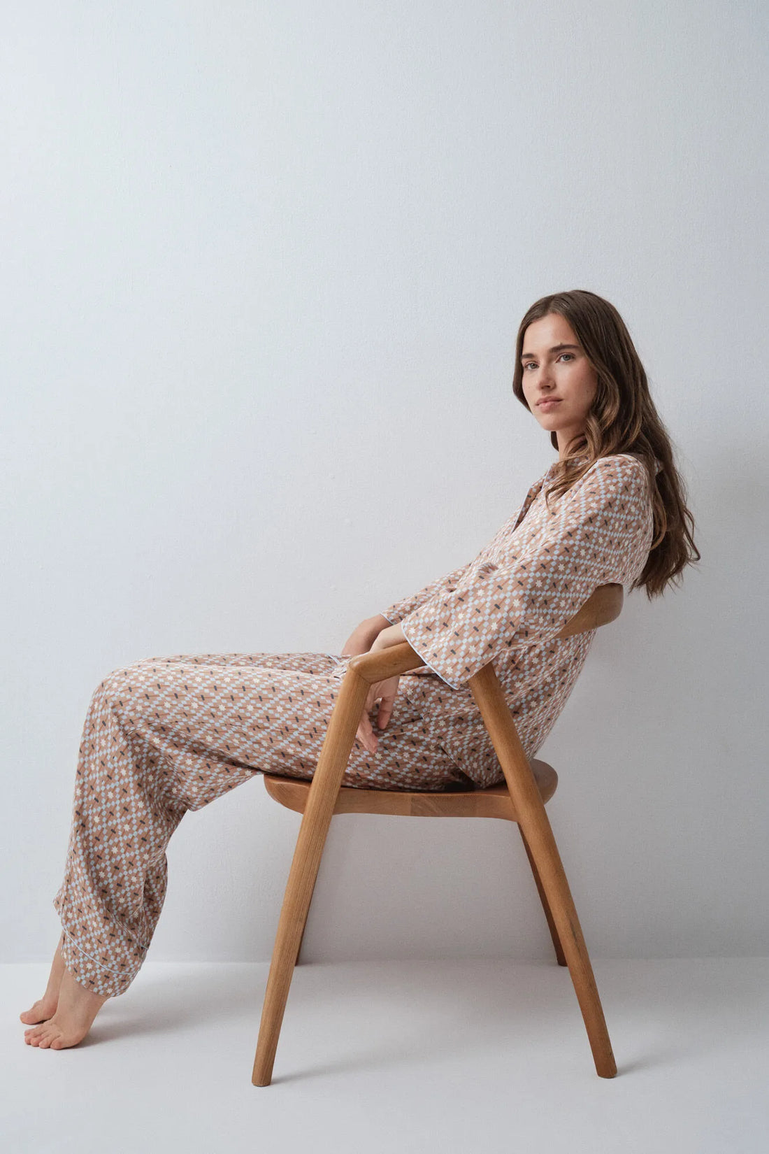 Women Secret Beige/Camel Women Geometric Print Satin Classic Long Pyjamas SKU: 3594724_55 Image 01