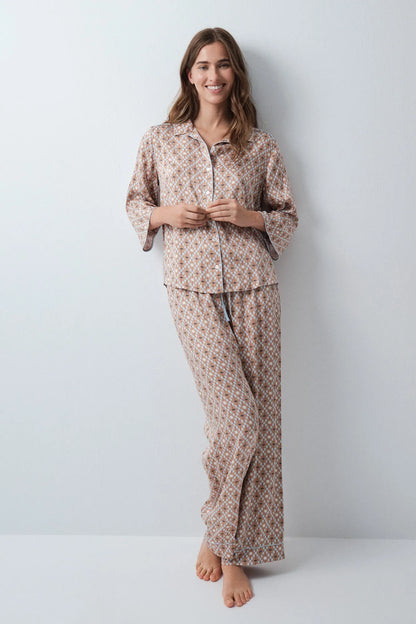 Women Secret Beige/Camel Women Geometric Print Satin Classic Long Pyjamas SKU: 3594724_55 Image 03