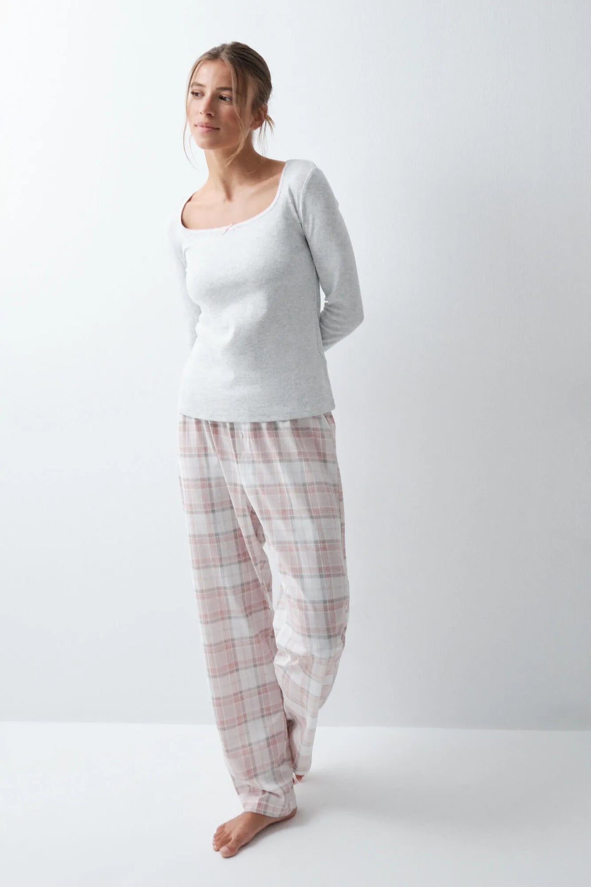 Women Secret Light Grey/Silver Women Plaid Cotton Long Pyjamas SKU: 3594741_48 Image 03