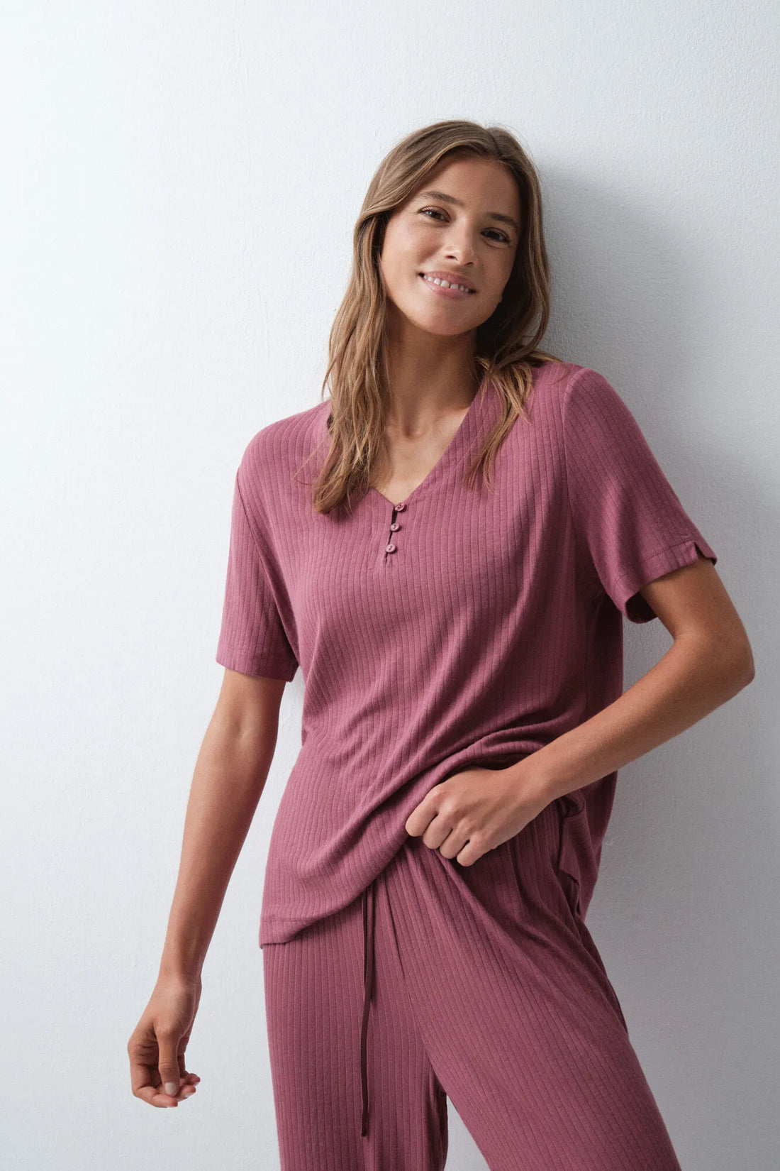 Women Secret Maroon Women Burgundy Short Sleeve Long Pyjamas SKU: 3594755_69 Image 01
