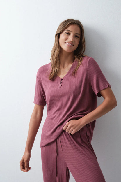 Women Secret Maroon Women Burgundy Short Sleeve Long Pyjamas SKU: 3594755_69 Image 01
