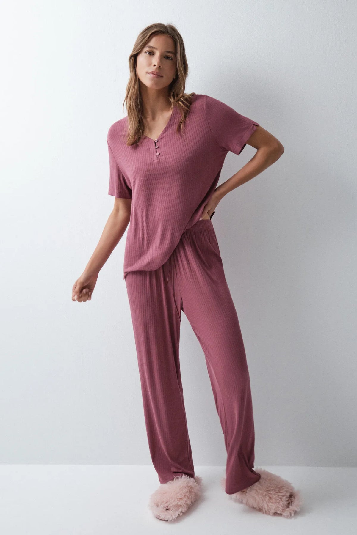 Women Secret Maroon Women Burgundy Short Sleeve Long Pyjamas SKU: 3594755_69 Image 02