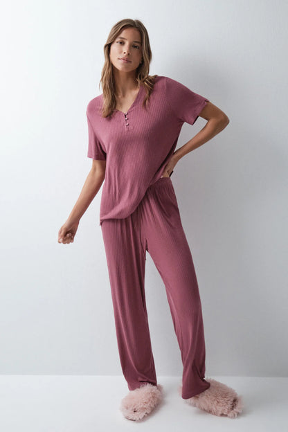 Women Secret Maroon Women Burgundy Short Sleeve Long Pyjamas SKU: 3594755_69 Image 02