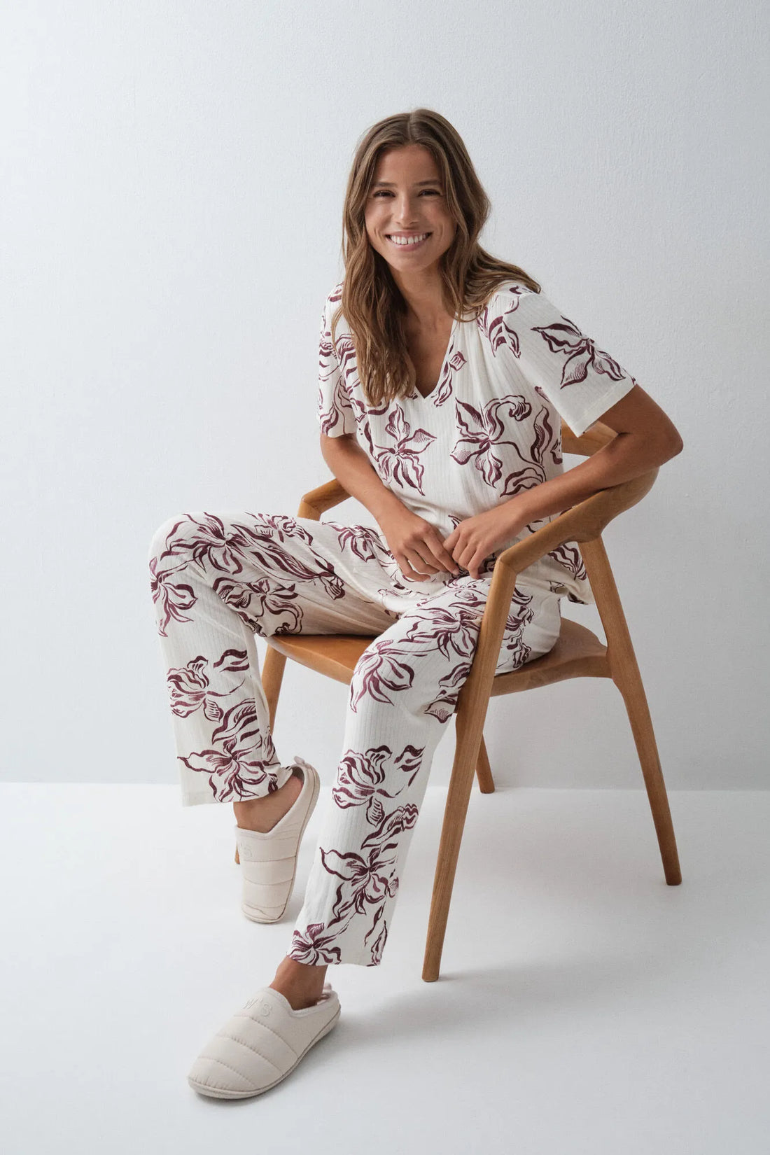 Women Secret Ivory Women Floral Short Sleeve Long Pyjamas SKU: 3594756_96 Image 01