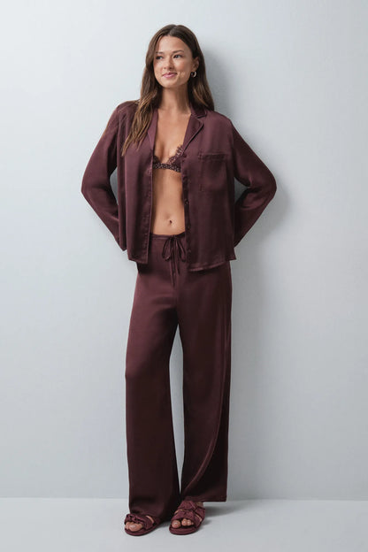 Women Secret Wine Women Burgundy Satin-Finish Classic Pyjamas SKU: 3594786_68 Image 01