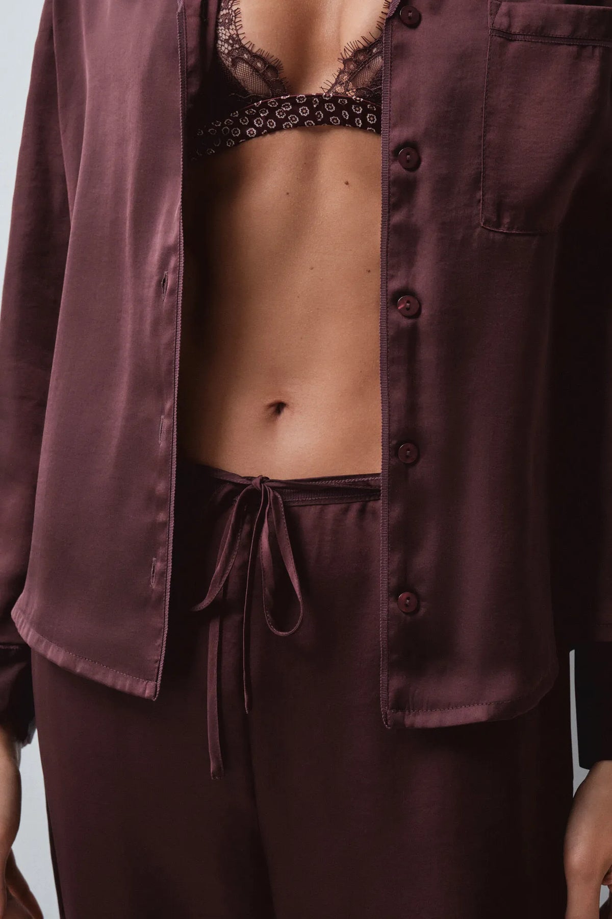 Women Secret Wine Women Burgundy Satin-Finish Classic Pyjamas SKU: 3594786_68 Image 03