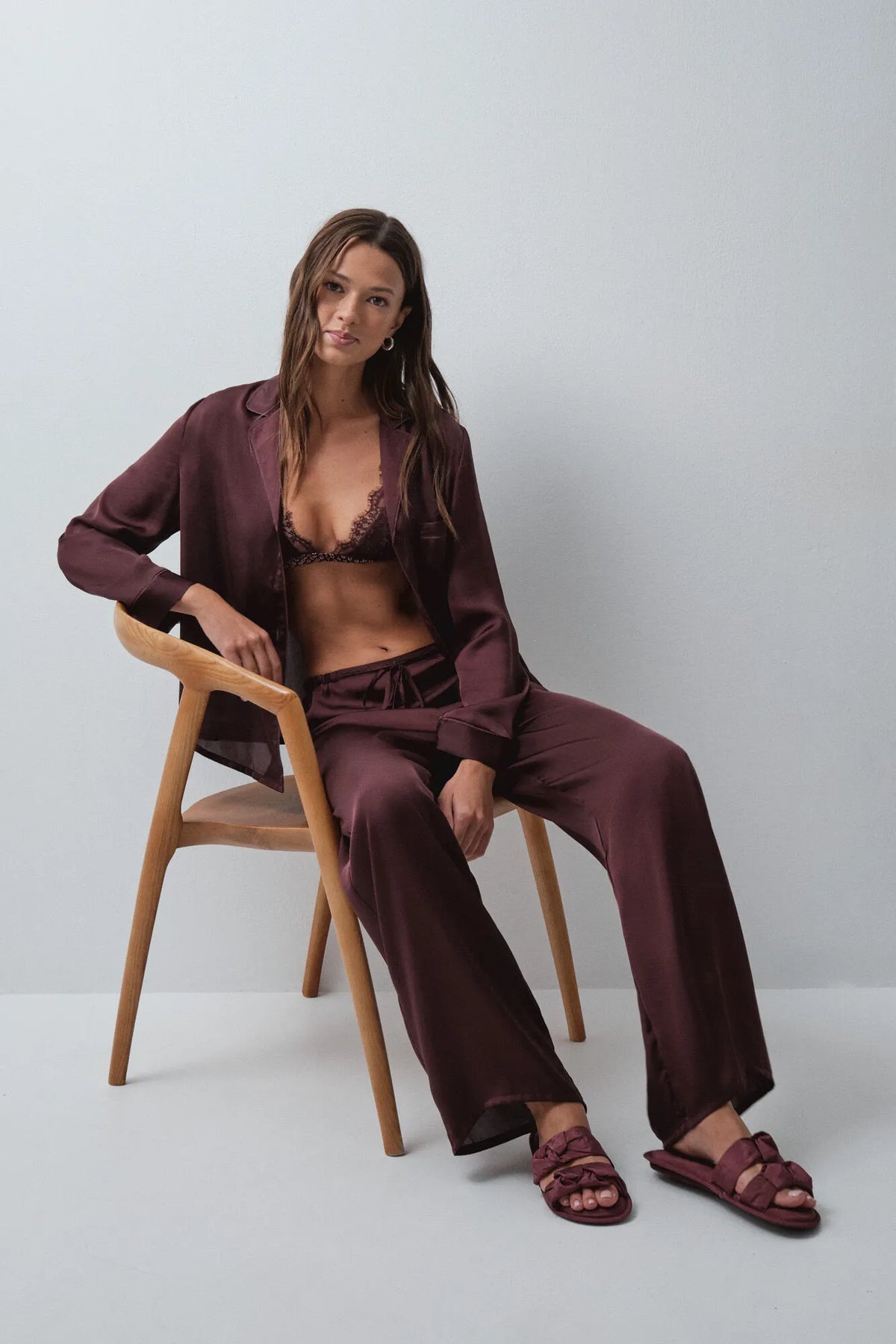 Women Secret Wine Women Burgundy Satin-Finish Classic Pyjamas SKU: 3594786_68 Image 06