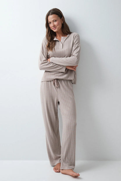 Women Secret Brown Print Women Brown Striped Long Pyjamas SKU: 3594792_39 Image 01