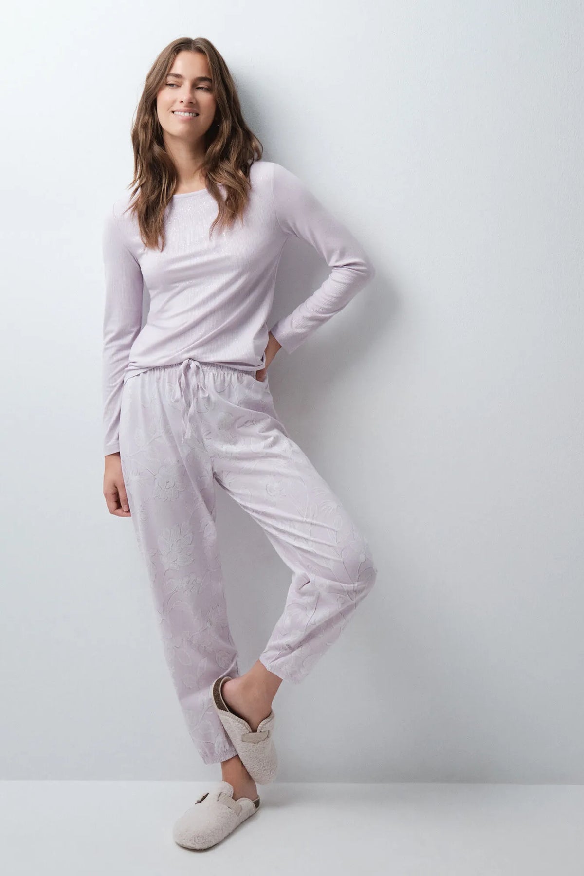 Women Secret Purple/Lilac Women Floral Ruched Long Pyjamas SKU: 3594795_75 Image 01
