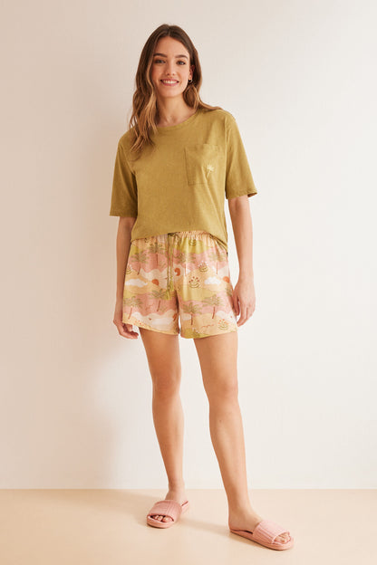 Light Khaki Short Sleeves Short Pant Pyjama_3597369_93_03