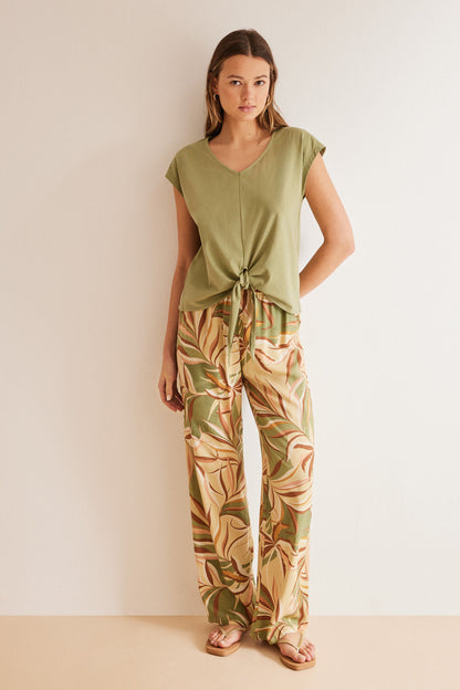 Light Khaki Short Sleeves Long Pant Pyjama_3597419_93_01