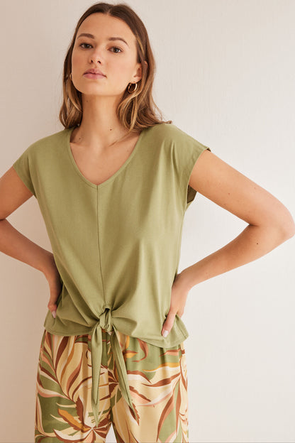 Light Khaki Short Sleeves Long Pant Pyjama_3597419_93_03