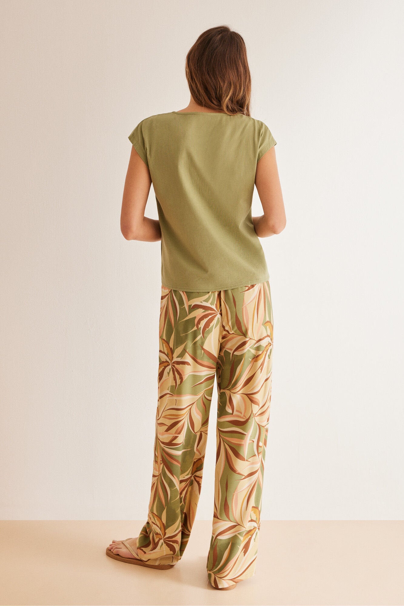 Light Khaki Short Sleeves Long Pant Pyjama_3597419_93_05